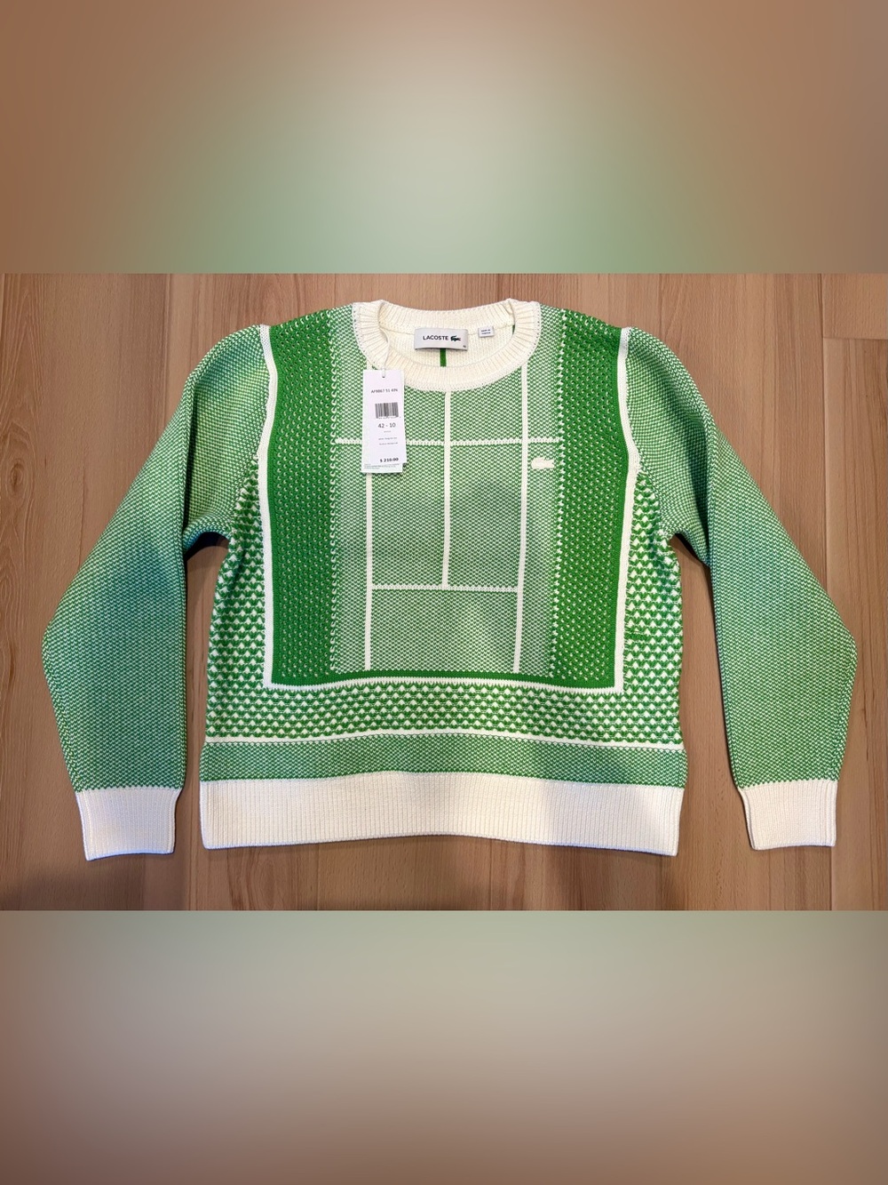 Lacoste Tennis Court Jacquard Pullover Sweater Women's EU 42/ US 10 Green/White